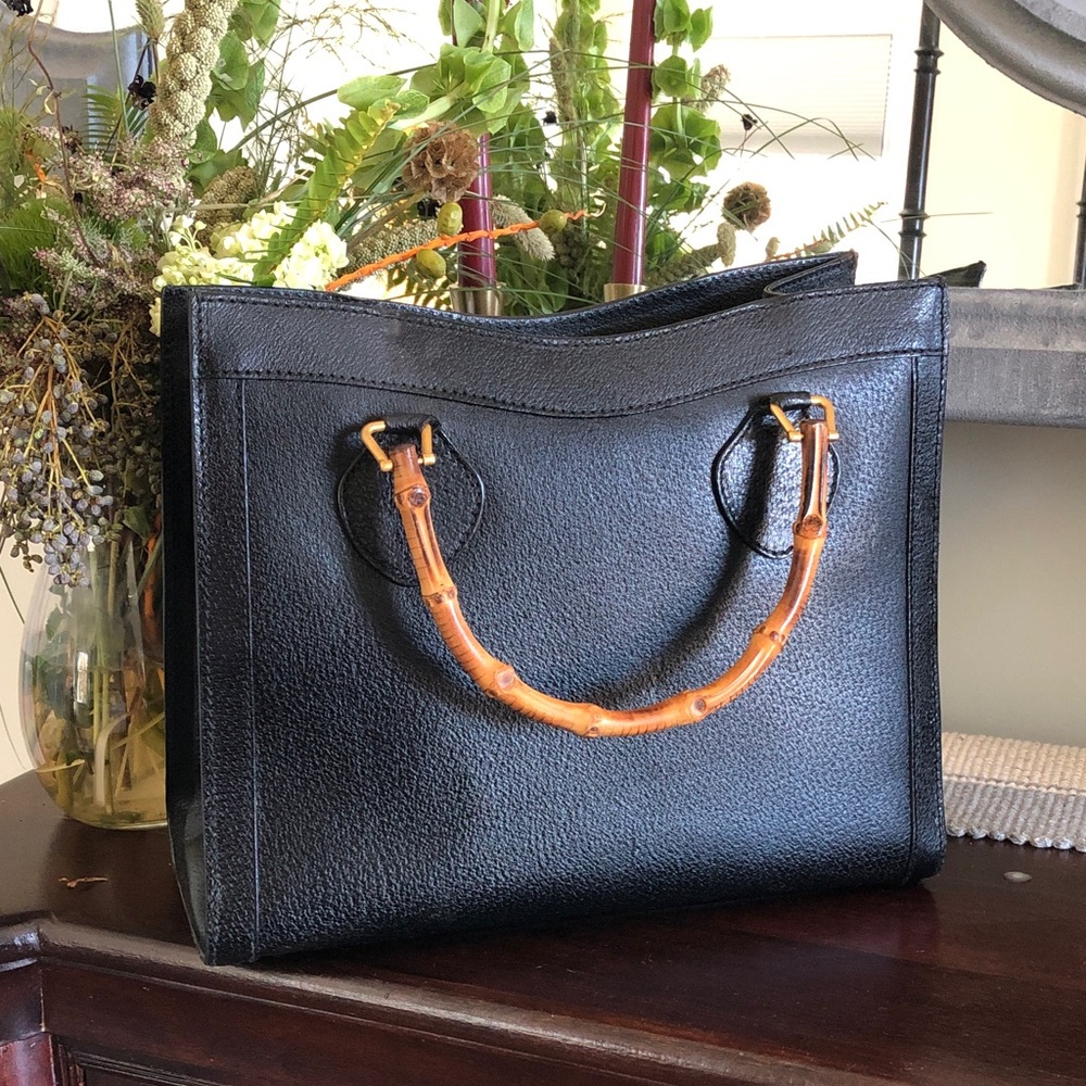 Elegant Black Tote Bag with Bamboo Handles
